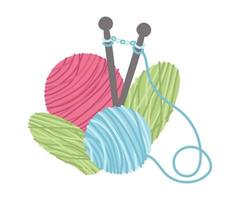 Knitting threads, yarn, a ball of wool with knitting needles. Vector hand-drawn illustration on a white background.