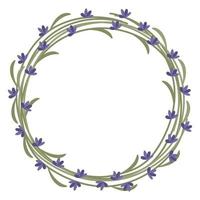 Round wreath of lavender twigs. Beautiful lilac flowers with leaves. The vector illustration is isolated. For design or postcard