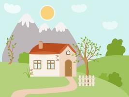 Spring rural house in the mountains. Cute rustic landscape with a white fence, tree, bushes, lawn. Vector illustration of a sunny day outside the city.