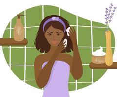 niña afroamericana en el baño aplica cuidado del cabello. en los estantes cosméticos y cremas en frascos y tubos, una hermosa flor para el estado de ánimo. ilustración vectorial del autocuidado matutino.