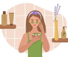 Girl in the bathroom puts eye patches on her face. On the shelves, cream and cosmetics in jars and tubes, a beautiful flower for mood. Vector illustration of morning self-care.