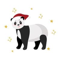 Christmas and New Year's card with a panda in a red riding hood. Vector clipart, isolated illustration