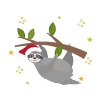 Christmas and New Year's card with a sloth in a red riding hood. Vector clipart, isolated illustration