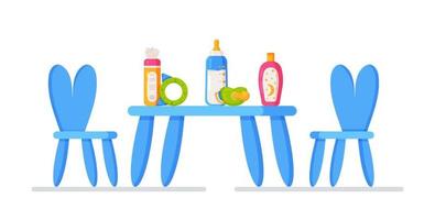 Vector illustration of kids table. Children's chairs and table with baby bottles, pacifiers and stuff.