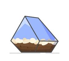 ilustración vectorial de una olla de vidrio triangular. aislado sobre fondo blanco maceta de vidrio triangular de invernadero con piedras y tierra en el interior. vector