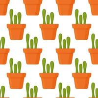 Vector illustration of a pattern of round cacti. Seamless picture of cacti in a brown vase.