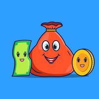 Bag of money and dollar with cute expression illustration vector