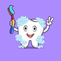 vector illustration of a tooth character with his cute expression holding a toothbrush