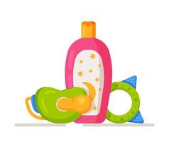 Vector illustration of baby objects. Concept of baby hygiene products and toys.
