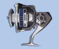 Fishing reel isolated on white. Realistic vector spinning reel for fishing. Side view. Fishing reels on a blue background