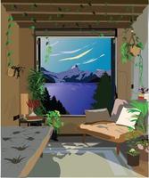 Cozy home interior windows. Midday view from window of mountain and snow on top of mountain and pine trees across blue lake. Potted plants on the windowsill. Books and hanging plants. Vector cartoon