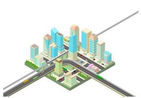 ciudad isométrica con rascacielos y autopista vector