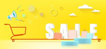 Banner with shopping concept. Shopping bag and megaphone for sale. Vector illustration.