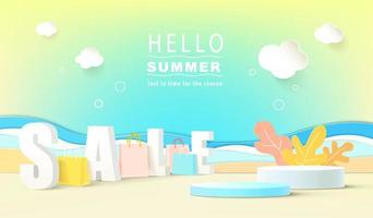 Summer sale concept design with paper cut tropical beach bright Color background layout banners.Vector illustration template. vector