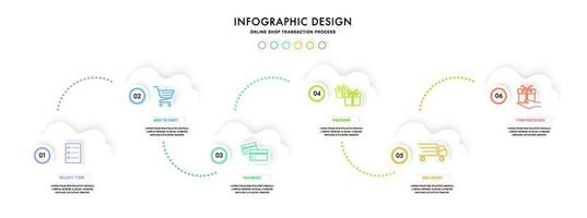 concepto de proceso de compra con 6 pasos sucesivos. seis elementos gráficos coloridos. diseño de línea de tiempo para folleto, presentación, sitio web. diseño de diseño infográfico. vector