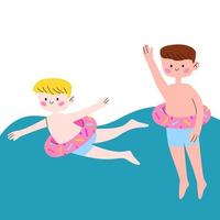 cute kawaii boys swims in the pool with an inflatable circle in the form of a donut. vector cartoon illustration.