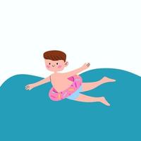 cute kawaii boy swims in the pool with an inflatable circle in the form of a donut. vector cartoon illustration.