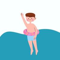 cute kawaii boy swims in the pool with an inflatable circle in the form of a donut. vector cartoon illustration.