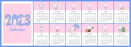 Vertical calendar 2023 with cute kawaii rabbits. Covers and 12 month pages bunny character mascot symbol year. Week starts on Sunday. For size A4, A5, A3. Vector flat cartoon template.