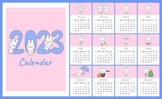Vertical calendar 2023 with cute kawaii rabbits. Covers and 12 month pages bunny character mascot symbol year. Week starts on Sunday. For size A4, A5, A3. Vector flat cartoon template.