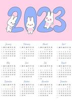 Calendar 2023 with cute kawaii rabbits. Page with 12 months. Bunny character mascot symbol year. Week starts on Sunday. For size A4, A5, A3. Vector flat cartoon template.