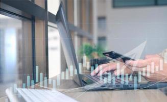 Double exposure of trading and analytical data on stock market investments, funds, and digital assets, economy, financial, banking, and currency exchange, business investment, and finance technology photo