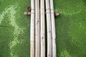 El puente de bambú marrón seco cruza las malas hierbas verdes.