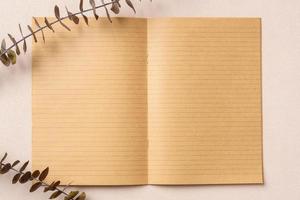cuaderno en blanco con maqueta de eucalipto en mesa de melocotón pastel foto