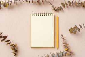 blank notebook with eucalyptus mock up on  pastel peach table