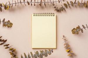 blank notebook with eucalyptus mock up on  pastel peach table photo