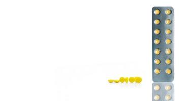 Yellow film coated tablets pills in blister packs and group of round yellow tablets pills on white background. Pharmacy horizontal web banner. Prescription drugs. Pharmacy products. Health care topics photo