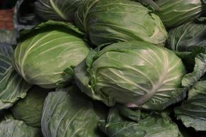 Pile of green cabbage vegetablefor sale at fresh market photo