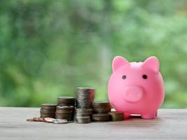 Money coin stack and pink piggy bank over blurred green garden background, saving money and business financial management concept. photo