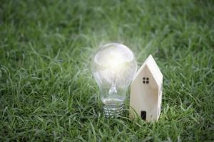 Wooden house and light bulb on green grass, energy-saving, using renewable green energy for saving the world, love and protect our planet, environmental friendly concept photo