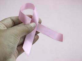 Hands holding breast cancer awareness pink ribbon on pink background, october symbol, healthcare and medicine concept photo