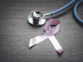 Breast cancer awareness pink ribbon with doctor stethoscope on wooden background, october symbol, healthcare and medicine concept
