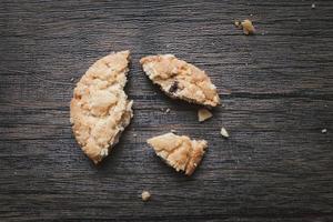 Broken oatmeal cookie with crumbs on wooden table. photo