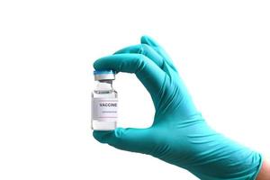 Hand weare gloves holding glass vial containing liquid medical vaccine used to shot for injection treatment on white background, vaccination and immunization care for preventing coronavirus outbreak