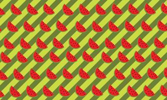 Fruit background with watermelon slice in doodle style on green stripes background. vector