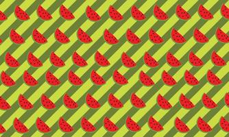 Fruit background with watermelon slice in doodle style on green stripes background. vector