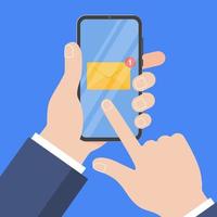 Hand holding black mobile phone isolated on blue background. Smartphone in human's hand with new message, closed envelope popped on touchscreen and button OPEN flat design vector illustration.