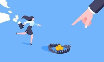 Money trap business concept. Young adult businesswoman running to catch the coin money in the steel bear trap flat style design vector illustration.