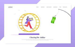 Rat race business concept with businesswoman running after rod dangling dollar. vector