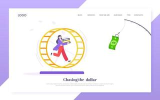 Rat race business concept with businesswoman running after rod dangling dollar. vector