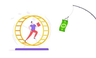 Rat race business concept with businessman running after rod dangling dollar.