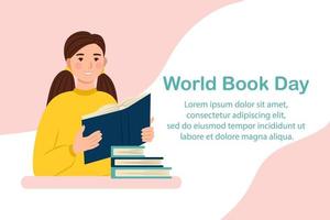 banner del día mundial del libro, niña con libro en las manos, ilustración vectorial vector