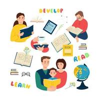 Kids with books in hand sets, Family reading a book, Learning and development, globe. Vector illustration. National Book Day