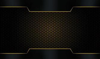 Dark carbon fiber background with abstract black metallic frame with gold stripes .