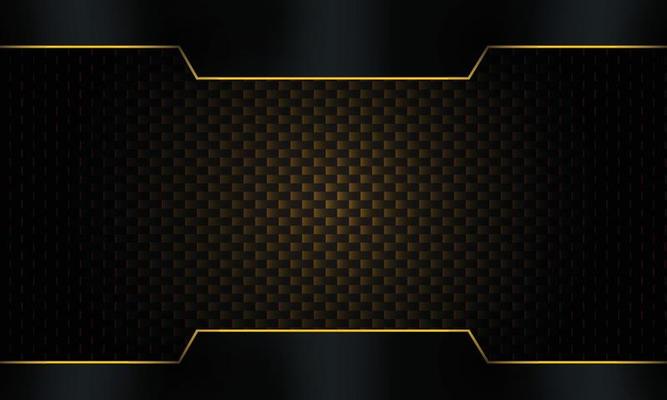 Dark carbon fiber background with abstract black metallic frame with gold stripes .