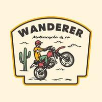 insignia de la etiqueta del logotipo de la aventura de la vida salvaje de la motocicleta vintage dibujada a mano vector